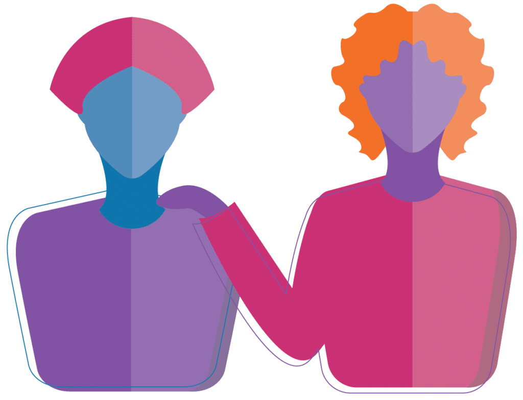 Illustration of two gender-diverse individuals with one offering support to the other, symbolizing community and legal protections under Massachusetts transgender laws.