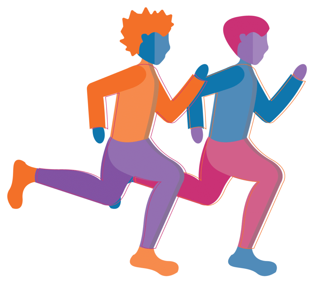 Illustration of two stylized, gender-diverse figures running side by side in vibrant colors, representing energy, movement, and solidarity.