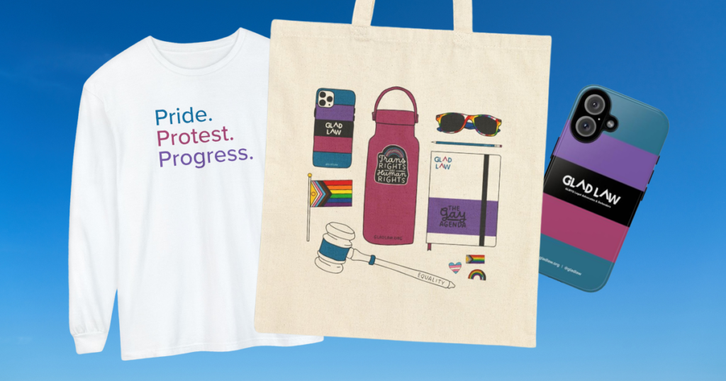 GLAD Law long-sleeve shirt that says "Pride. Protest. Progress." A tote bag with symbols of GLAD Law. And a phone case in GLAD Law colors with the organization logo in the center.