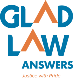 GLAD Law Answers logo in blue and orange, Justice With Pride